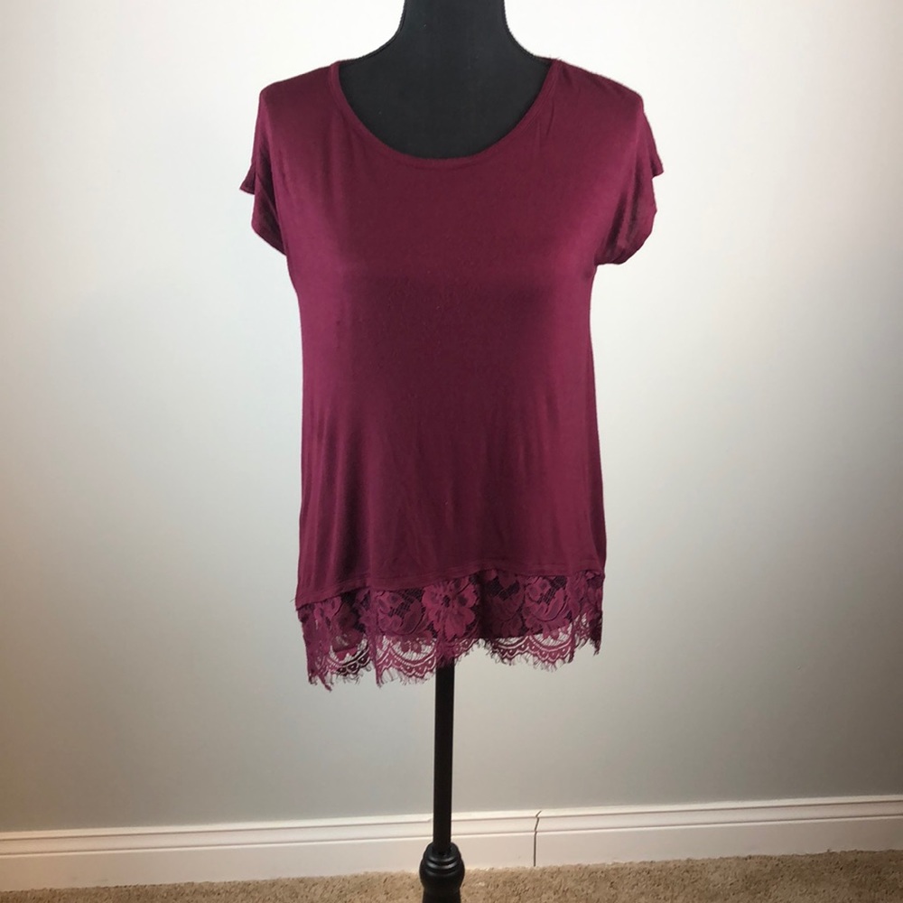 Pink Rose-Burgundy T-Shirt With Lace Bottom-M